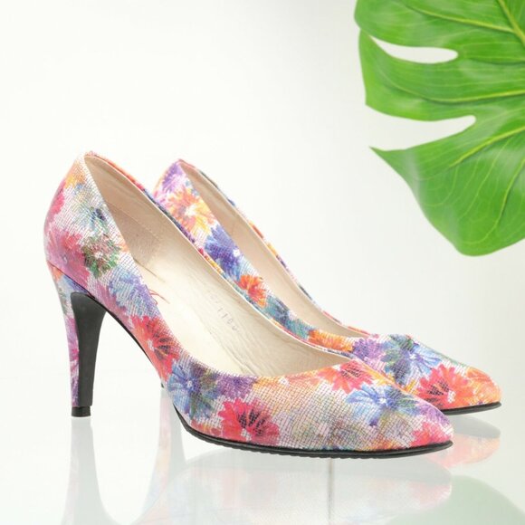 Lucita Shoes - Lucita Women's Pump Size 8 Floral Print Red Blue Leather Pointed Heel Dress Shoe